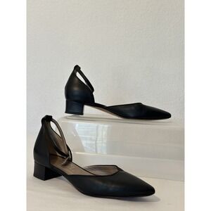 EUC AGL Black Leather D'Orsay Pump Pointed Toe Ankle Strap Low‎ heel 36.5 US 6.5